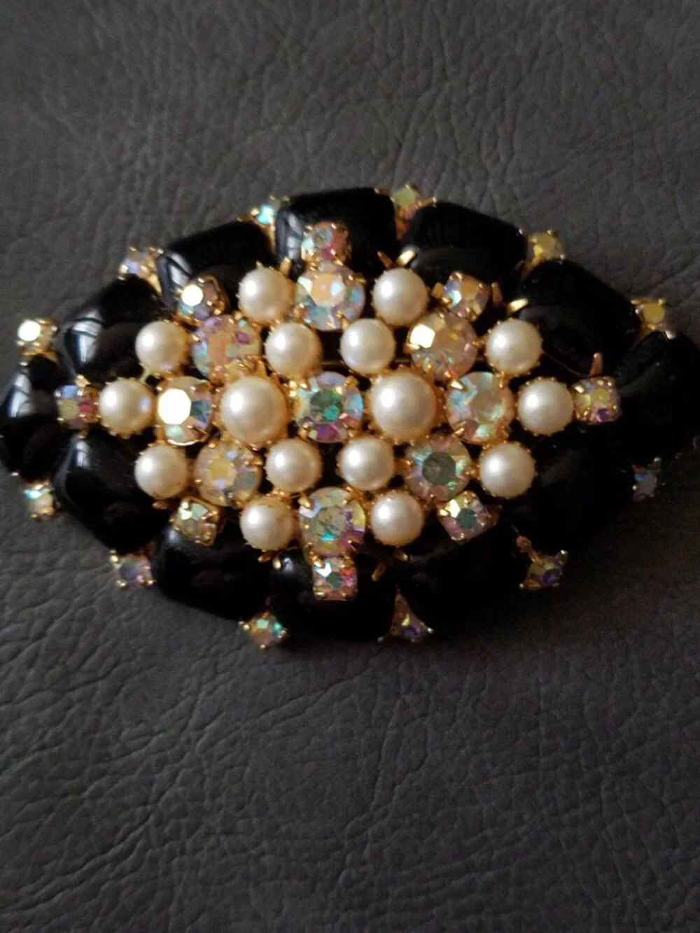 Vintage Black Glass with Faux Pearls and Rhinestone Domed Brooch